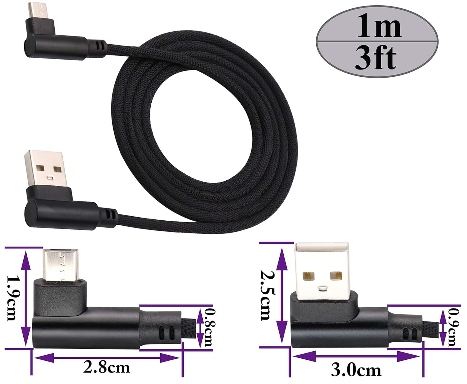 90 Degree Right Angle Micro USB Cable Fast Charging Cord 3/6/10FT For Samsung LG