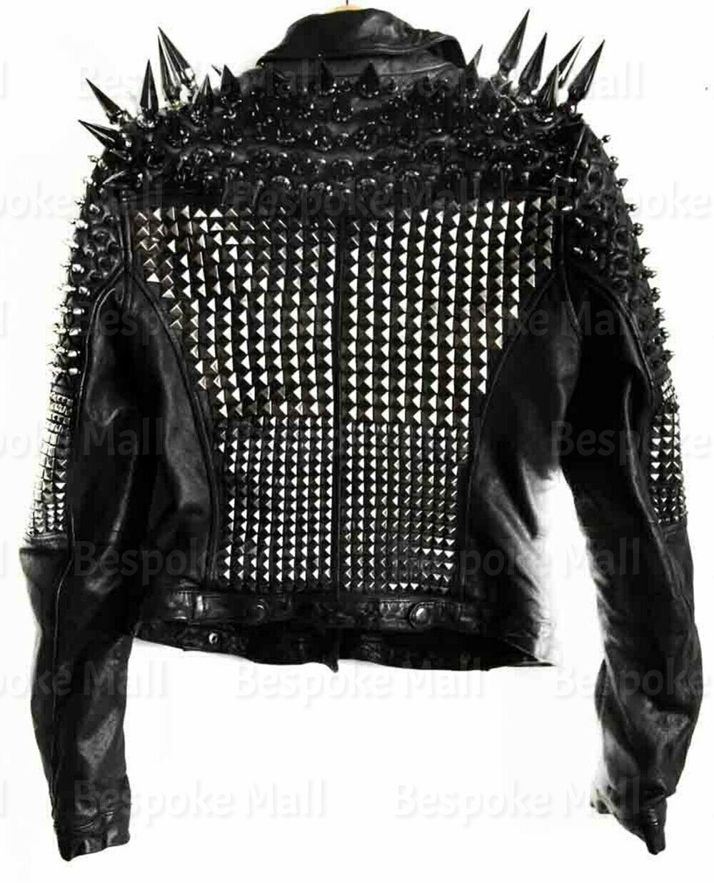 Pre-owned Handmade Woman's Punk Silver Long Spiked Studded Top Quality Biker Leather Jacket-950
