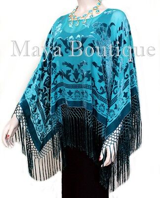 Pre-owned Maya Matazaro Teal Turquoise Silk Burnout Velvet Poncho Kimono Top Shawl  Usa