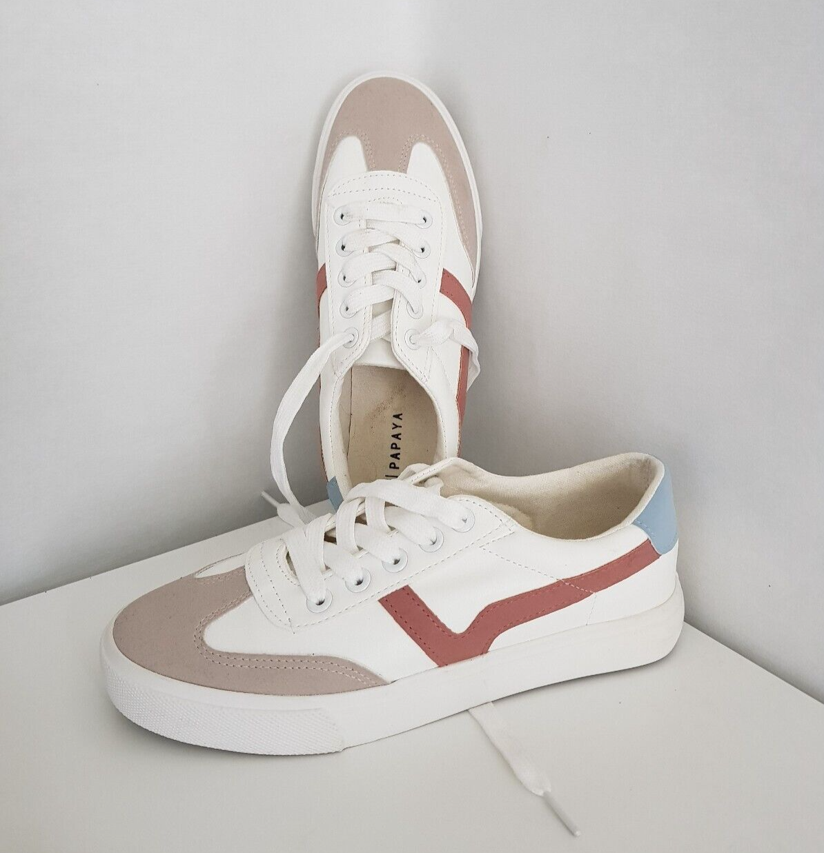 Papaya By Matalan Womens White Grey Plum Leather Trainers Sneakers Size UK 3