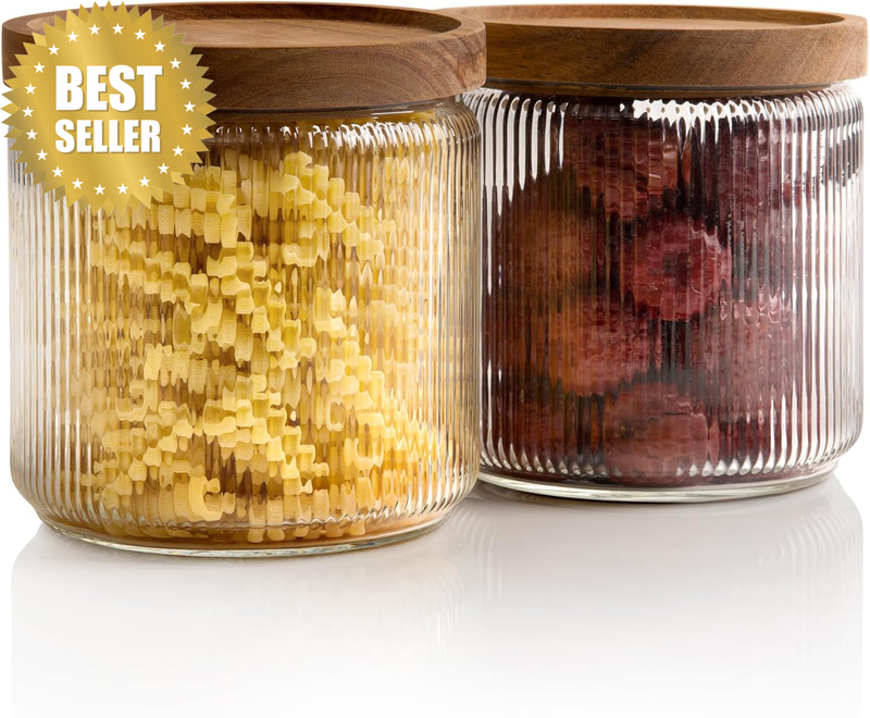 Ribbed Glass Storage Jars with Airtight Wood Lids -1.25L, Set of 2- Stackable Fo