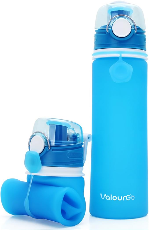 Collapsible Water Bottle, Silicone Foldable with Leak Proof Valve BPA Free - Blu
