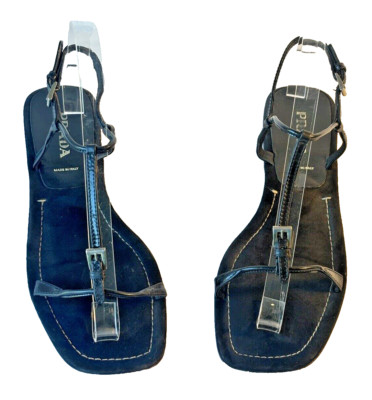 PRADA Flat Strappy Sandals Patent Leather and Suede Silver Buckles  Women's 38.5