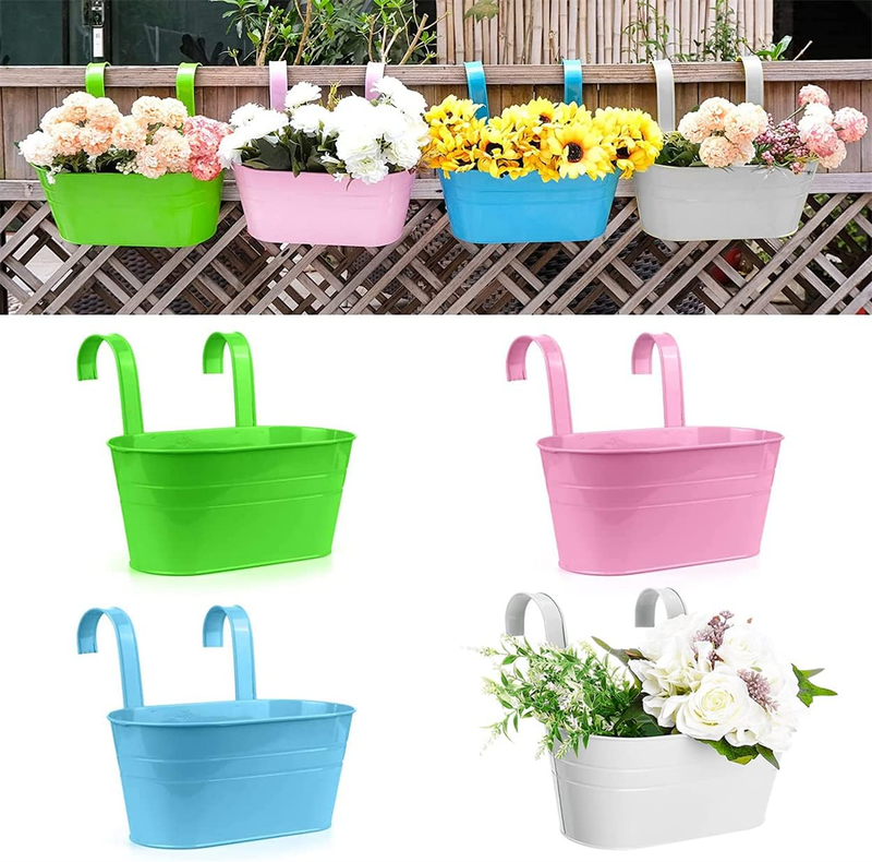 4 Pack Metal Iron Hanging Flower Pots for Railing Fence Hanging Bucket Pots Coun
