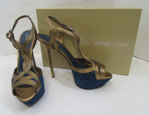 SERGIO ROSSI $795 Bronze and Blue Metallic Platform Sandal