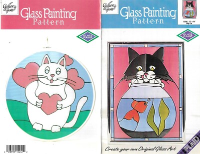 Lot of 2 Gallery Glass-Glass Painting Patterns-Silly Cat & Kitty Love