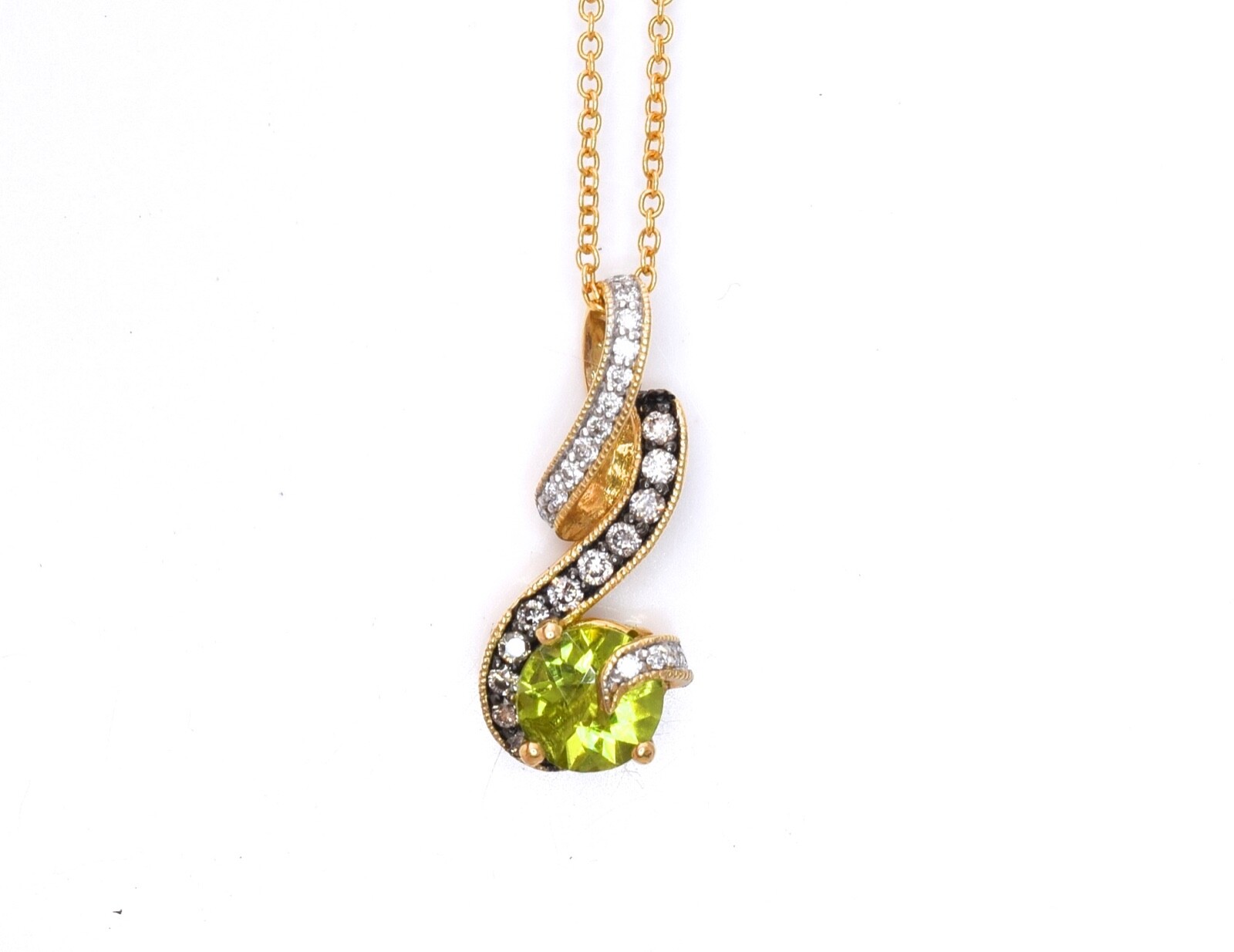 Pre-owned Le Vian Levian Necklace Peridot Chocolate Diamonds 0.95ct Pendant 14k Yellow Gold