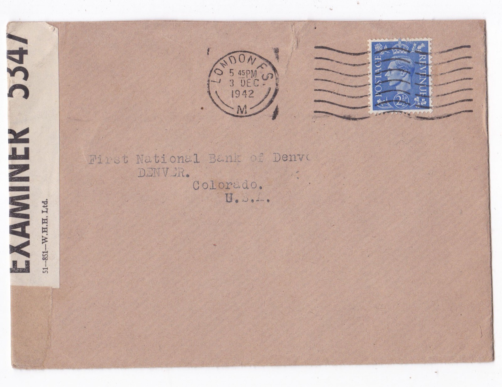 Great Britain 1942 Cover Censor London CDS Examiner 5347