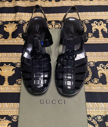 Pre-owned Gucci Auth  674132 Black Rubber Shiny Sandals Shoes Fishermans 8 Us 8.5