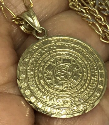 Pre-owned Handmade Gold Necklace Set Aztec Pendant 1.15" Chain Figaro 2.5mm 20" 10k Solid Oro