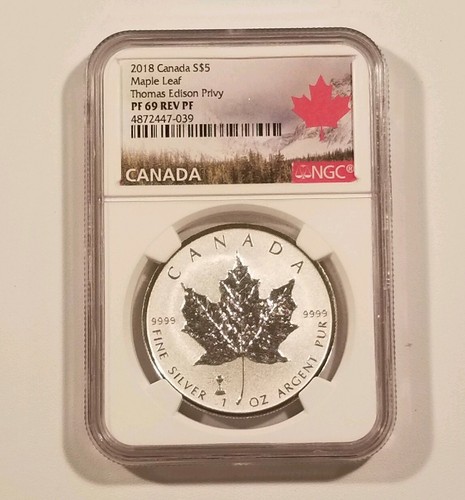 2018 Canada Reverse Proof Maple Leaf Edison Bulb Privy NGC PF69 .999 Fine Silver