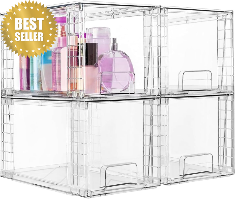 4-Pack Clear Acrylic Stackable Storage Drawers - Large Pull-Out Organizer Bins f