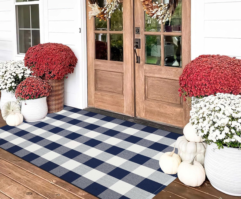 Blue White Outdoor Rug 3'X5' Fall Buffalo Plaid Layering Front Porch Rug