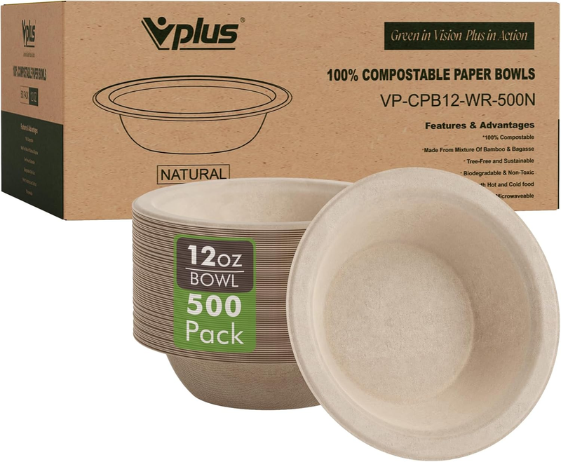 500 Pack 12 OZ Paper Bowls Bulk, Disposable Compostable, Eco-Friendly Bagasse, Heavy-Duty Bowls Perfect for Milk Cereals, Snacks, Salads Nature