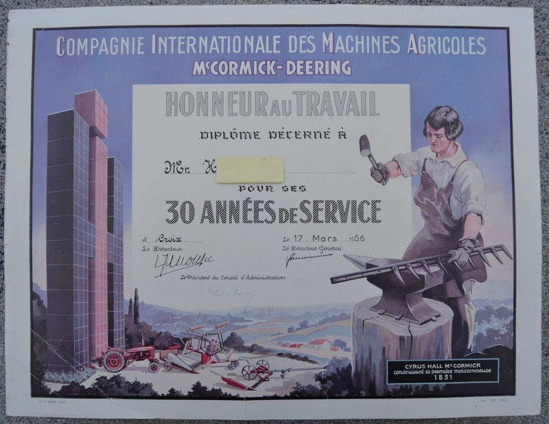 DilpÃ´Me Travail 1956 Machines Agricoles Mccormick-Deering Tracteur Farmall
