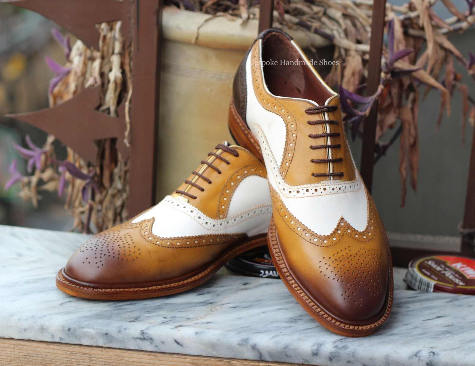 New Men's Handmade Tan, Cream Leather Oxford Wingtip Brogue