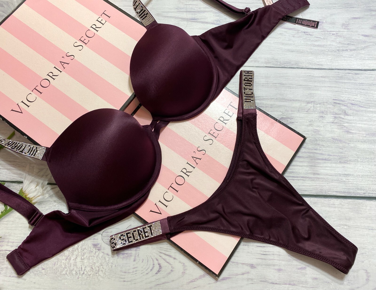 

Victoria Secret Very Sexy Shine Rhinestone Padded Push Up Bra Thong Set Violet, Dark violet