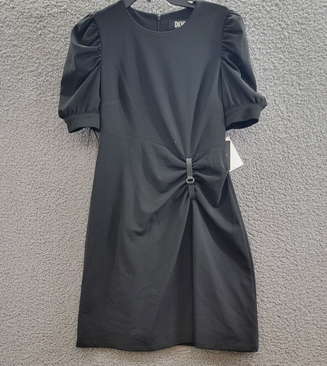 DKNY Puff-Sleeve Ruched Dress Women's 4 Black Round Neck Back Zip Closure S/S - Picture 2 of 19