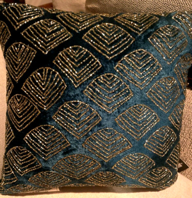Marlo Lorenz Wylie Beaded Sea Shell Throw Pillow Teal Blue Gold 12'' Viscose New