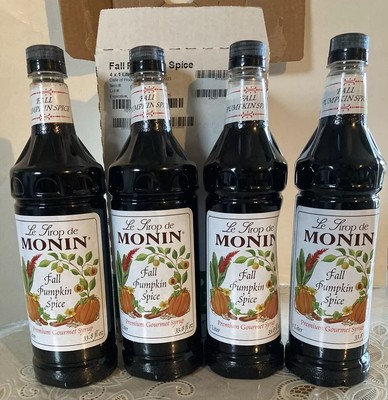 4 Monin Pumpkin Spice Syrup 1 Liter, 33.8 oz Plastic Bottles. Best By Feb 2025