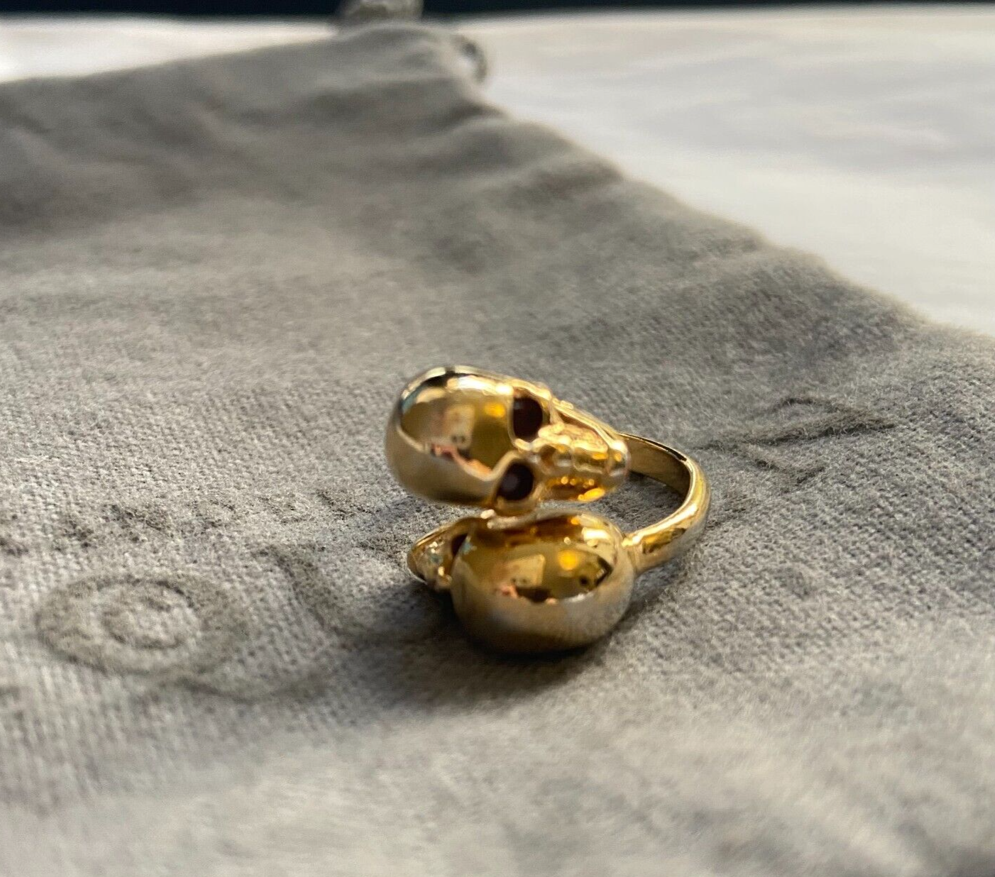 Alexander McQueen Gold Plated Crystal Double Skull Ring