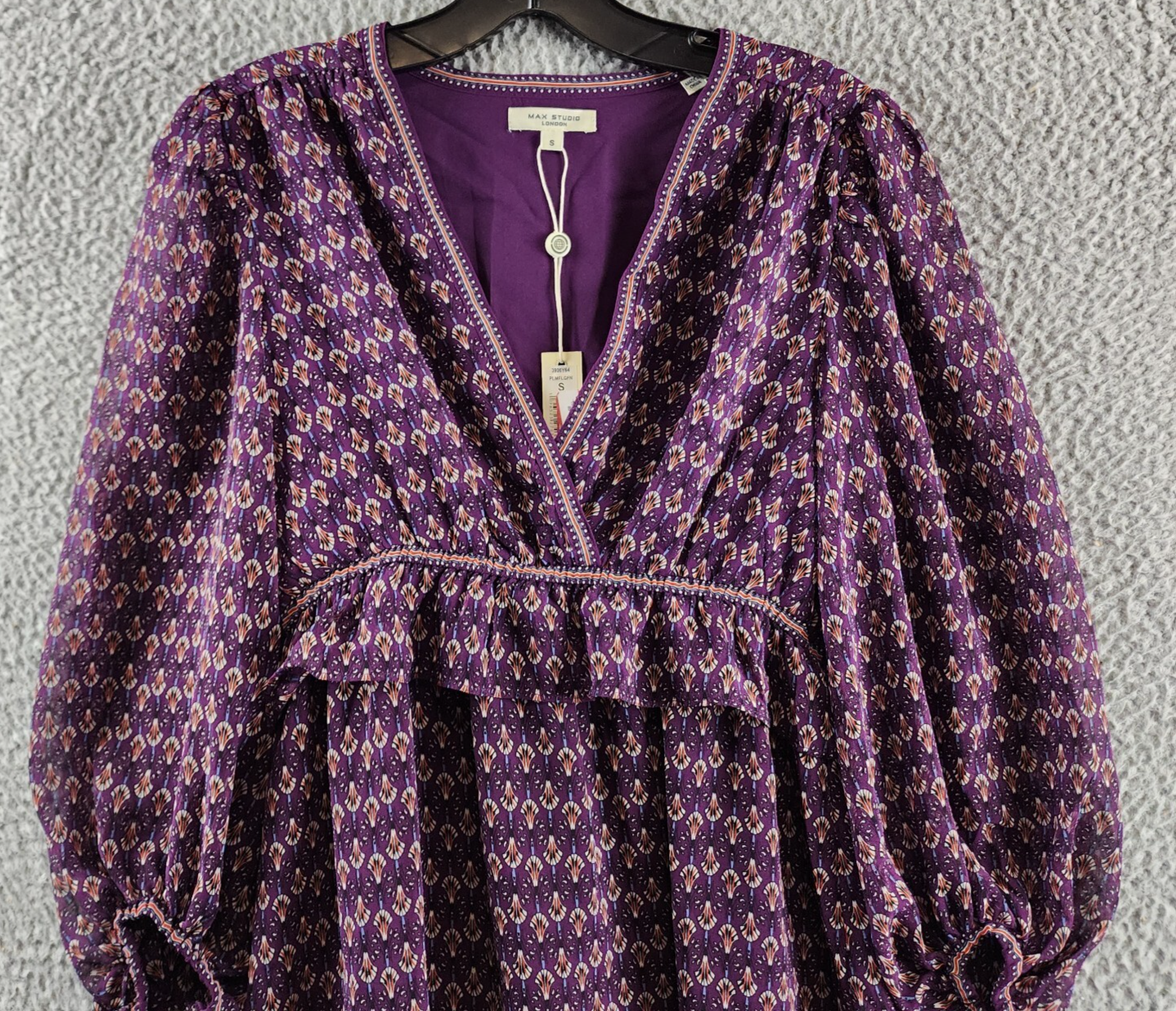 Max Studio Floral 3/4 Balloon Sleeve Dress Women's S Purple Multi V-Neckline - Picture 3 of 14