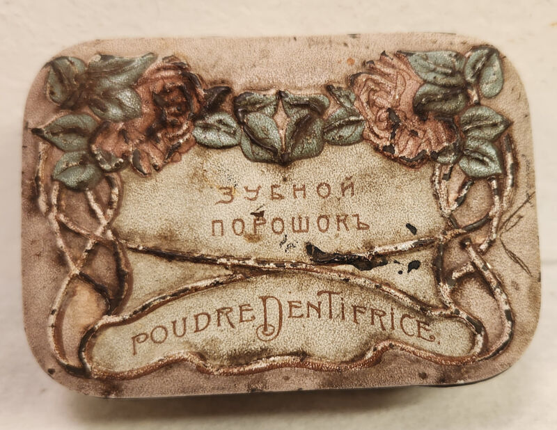 Antique Russian Tin: Tooth Powder  Interesting Floral Design