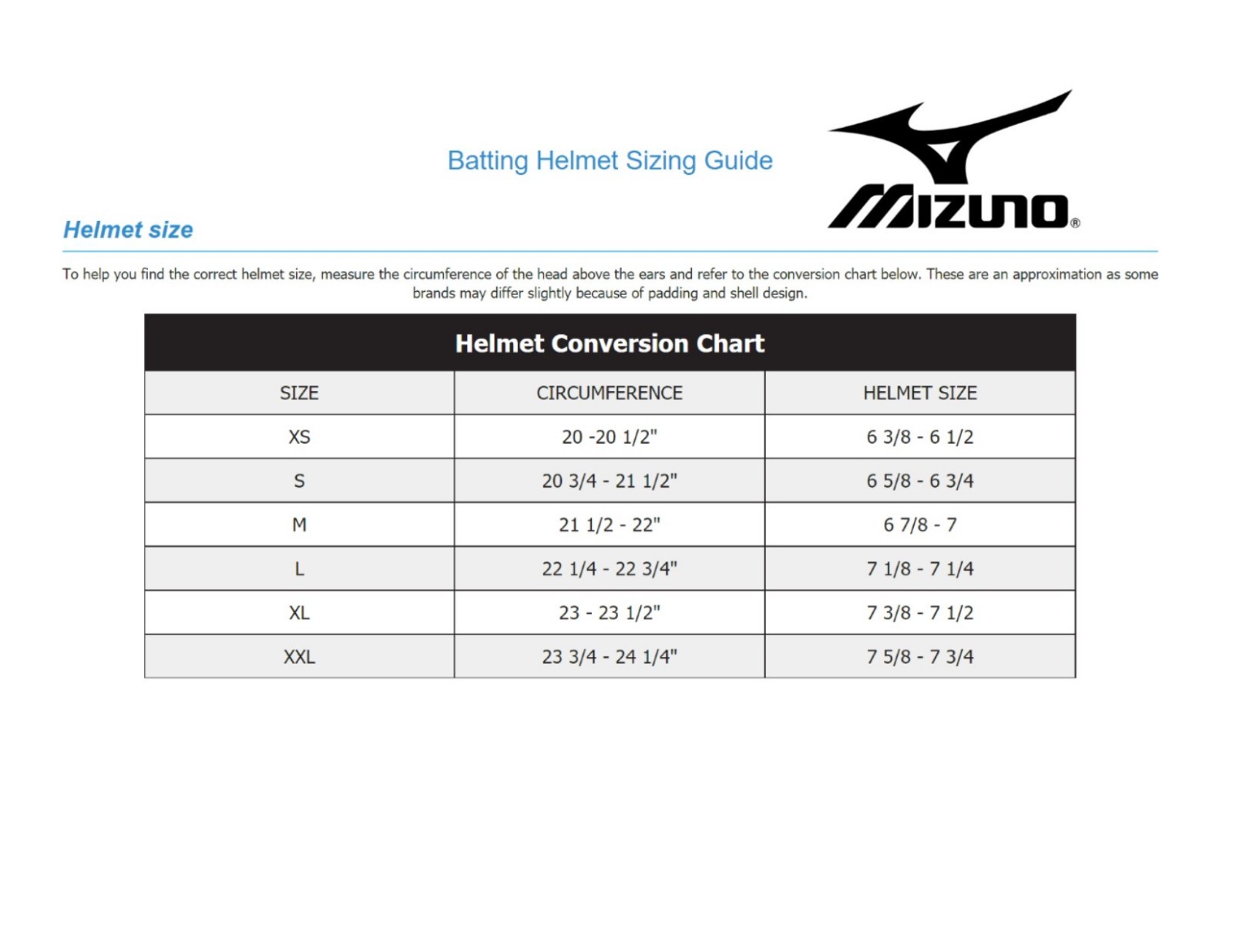 Mizuno Batting Helmet Size Chart