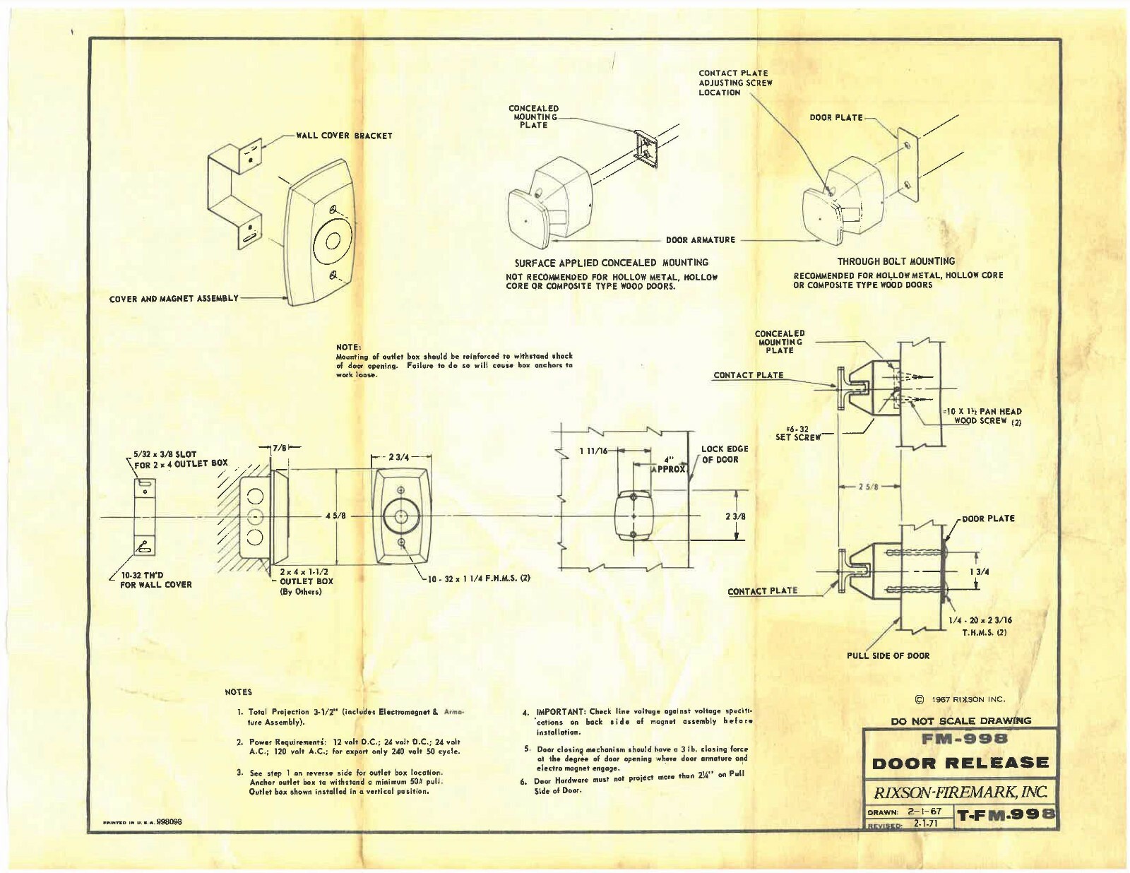 Rixson FM998 Electromagnetic Door Holder Wall Mounted Tri Volt