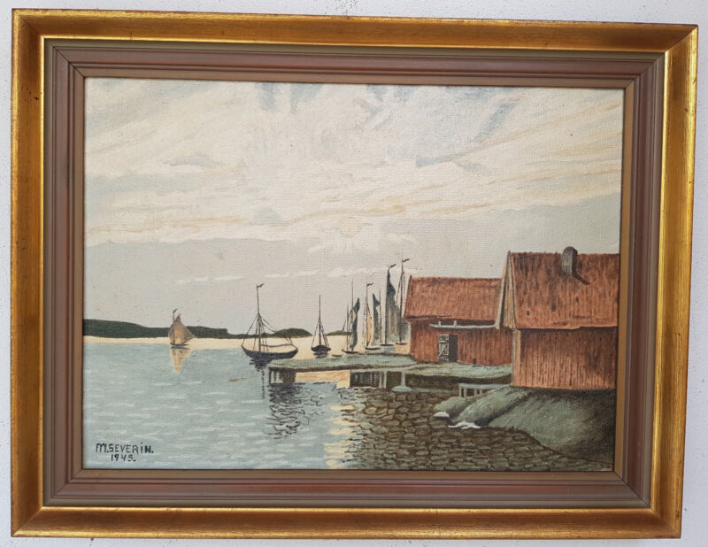 Ölgemälde Kunstwerk Mit Rahmen Malerei Oil Painting Seefahrt Meer Boot 1945 Jahr