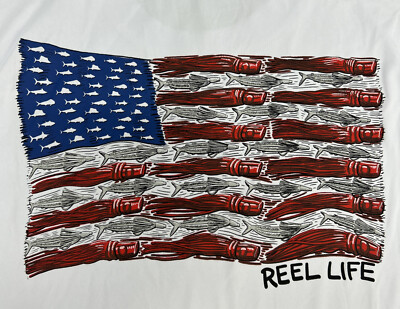 Reel Life Shirt M White Sun Ray Defender UPF 50+ Lightweight Fishing US Flag NEW