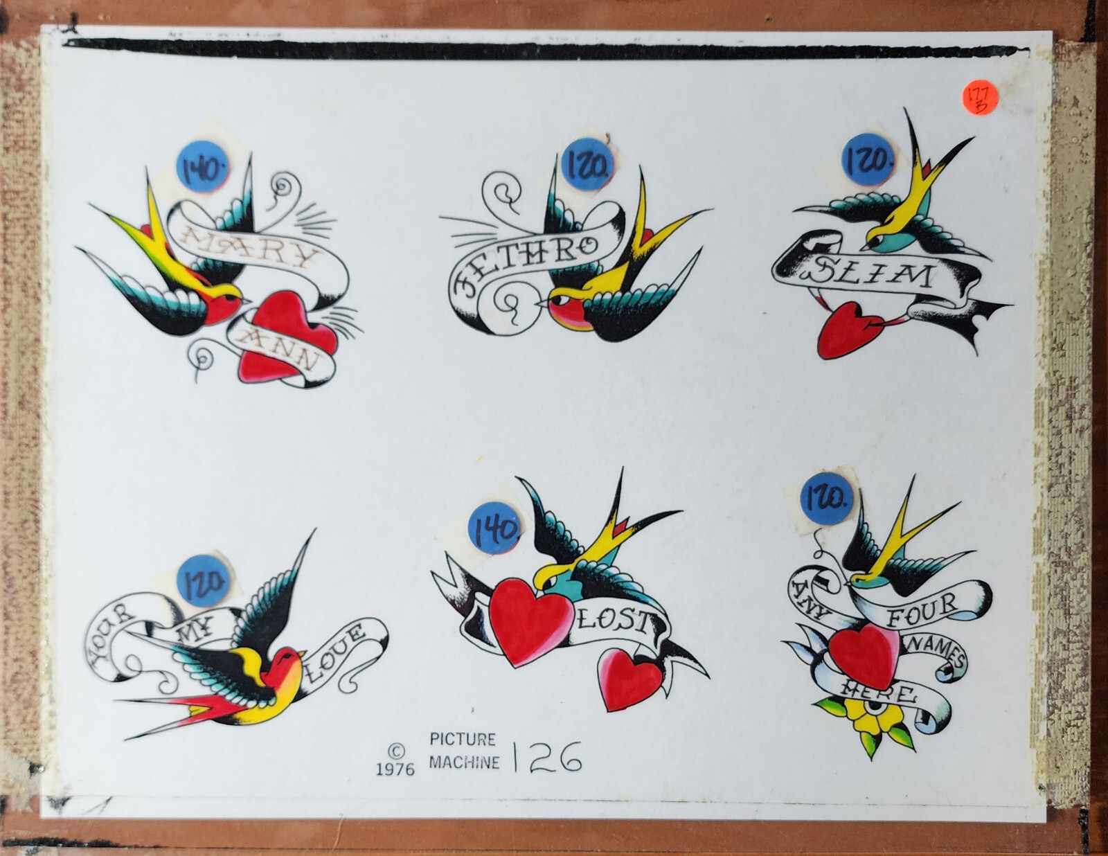 OG Vintage 1976 Picture Machine Shop Used Tattoo Flash Sheet