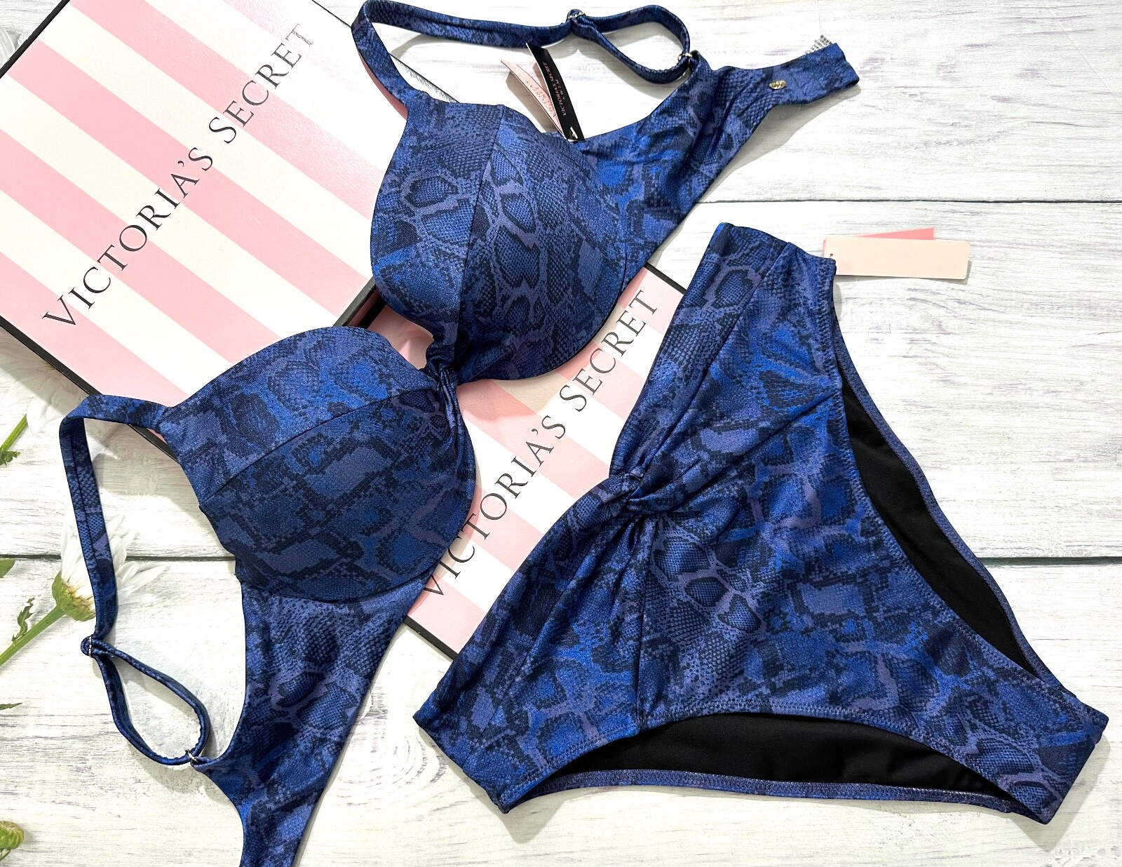 

Victorias Secret Twist Съемный пуш-ап бикини для плавания с высокой талией Синий комплект, Dark blue