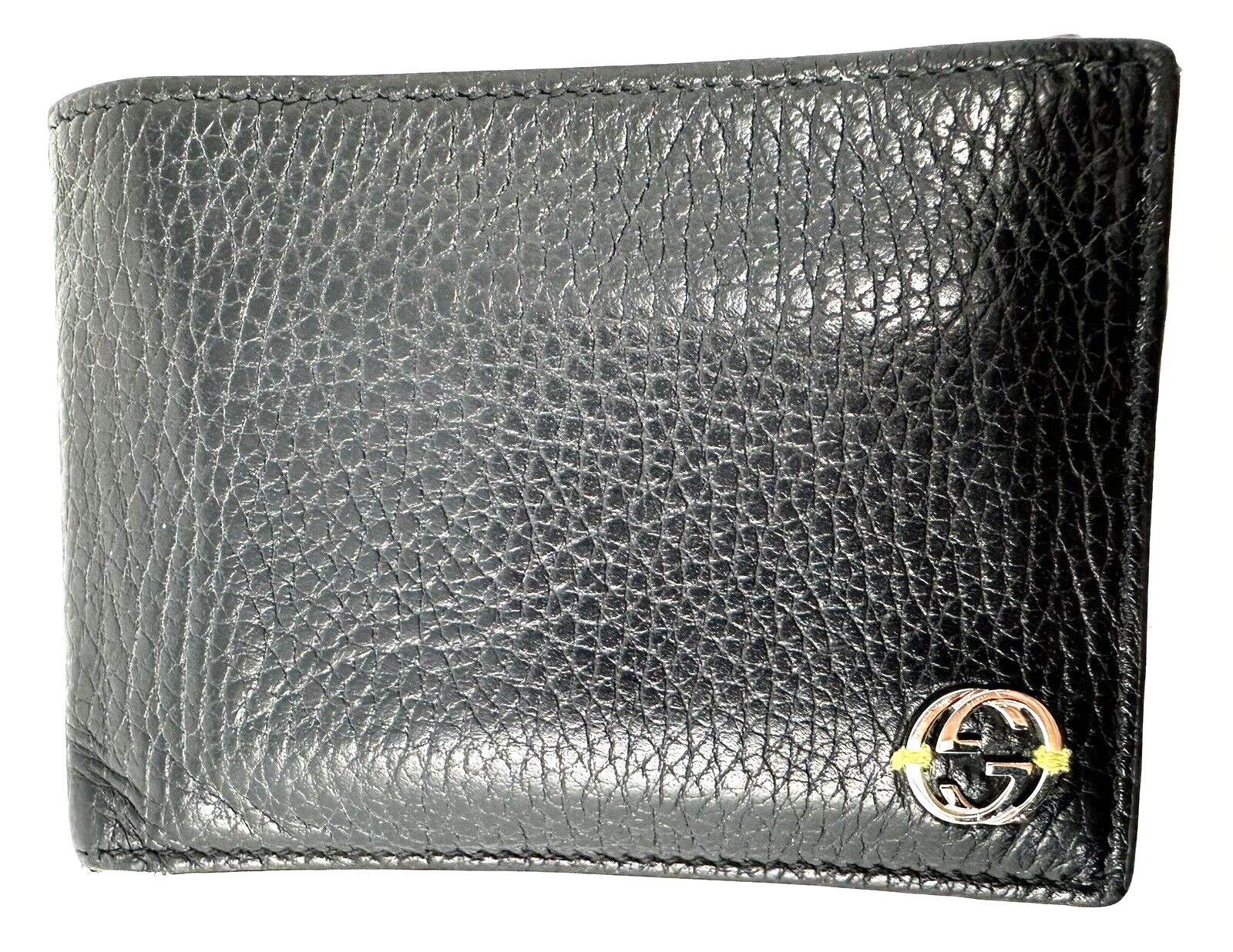 ①GUCCI Tri-Fold Wallet Interlocking G Gucci Trifold Leather Wallet Interlock GG Logo Black Outside
