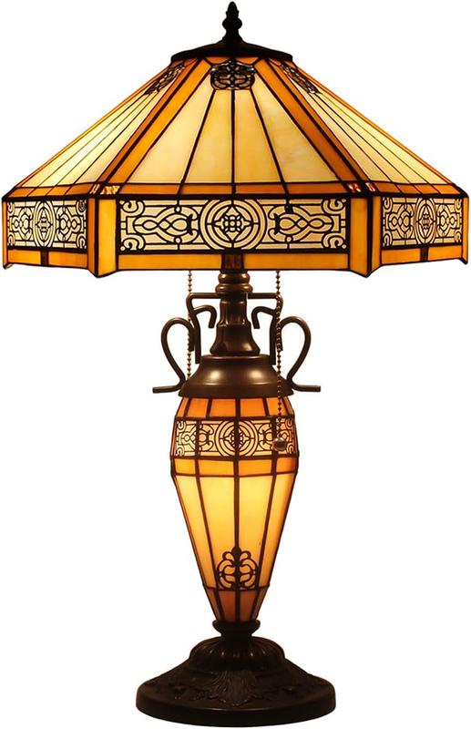 Tiffany Table Lamp Yellow Stained Glass Hexagon Mission Mother-Daughter Vase Lamp 16X16X24 Inches Desk Reading Light Decor Bedroom Living Room Home Office S011 Series