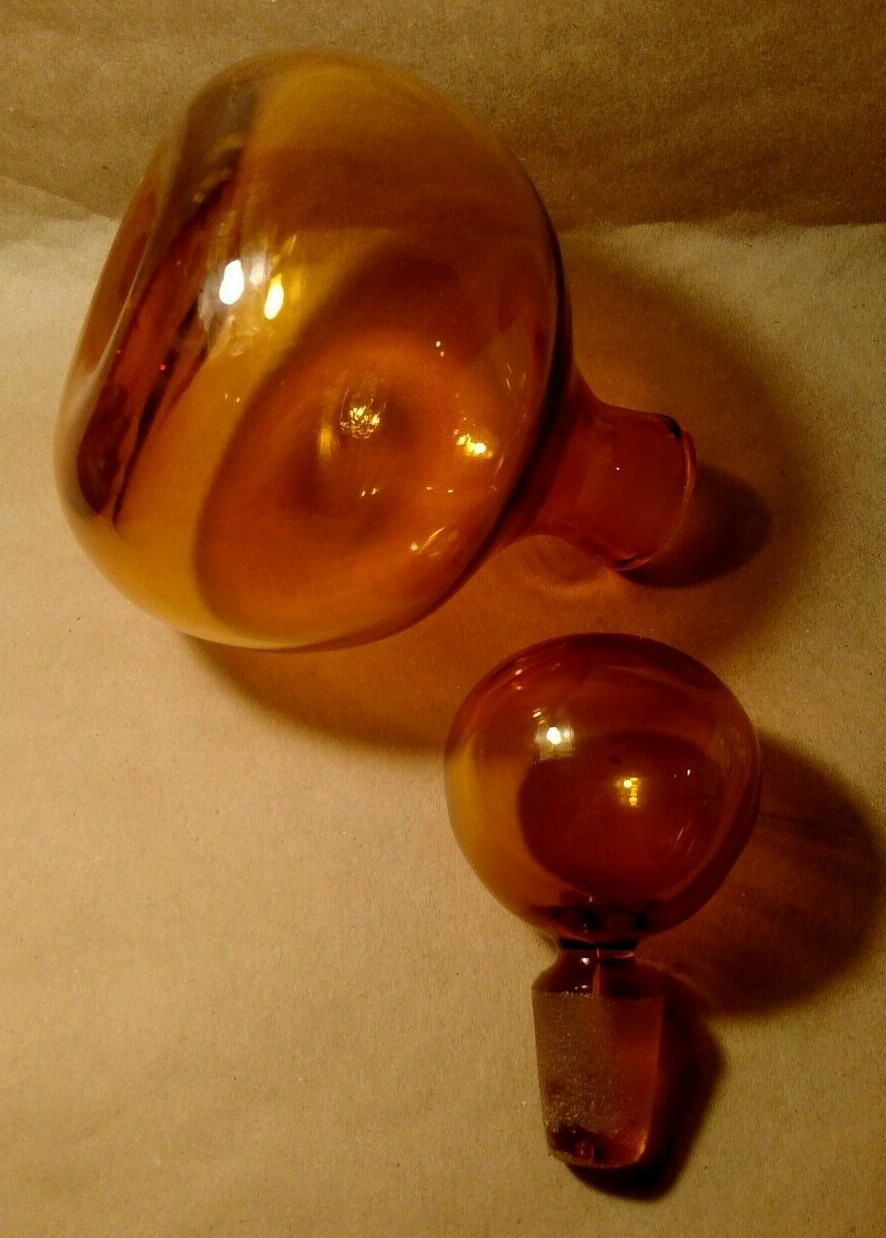 vintage round amber hand blown glass decanter with matching stopper