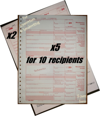 2020 IRS Tax Form 1099-MISC Carbonless for 10 recipients + (2) 1096 --- NO Env