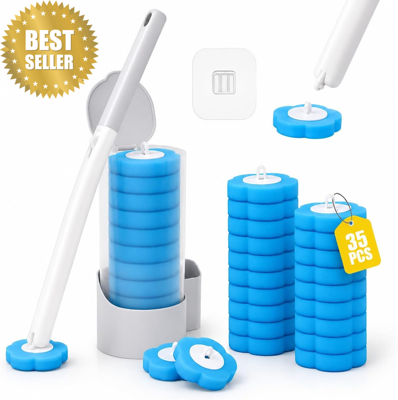 Disposable Toilet Brush Set – 35 Refills + Wand + Holder + Hook – Long Handle To