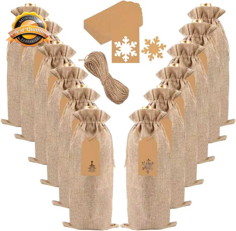 12 Pcs Burlap Wine Bags Jute Bottle Covers with Tags Drawstrings Natural