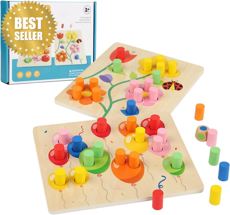 Montessori Toys for Toddlers 1-3, Wooden Color Sorting Pegs Board Games