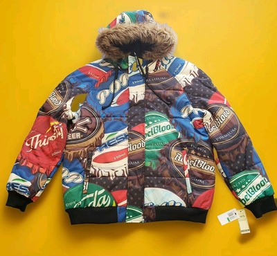 Members Only Soda Pop Print Zip Up Down Puffer Hooded Faux-Fur Jacket Sz Medium 