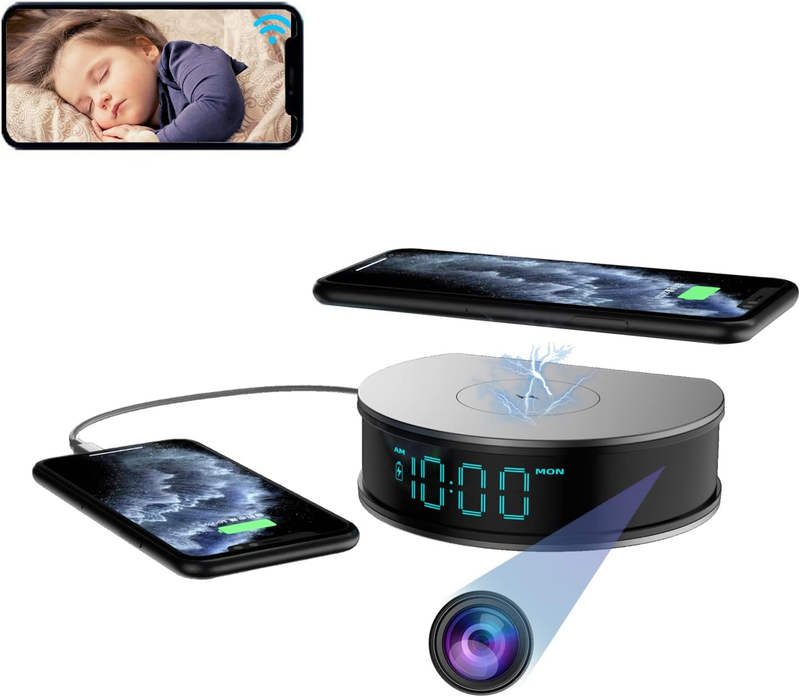 LIZVIE Charger Camera Alarm Clock, 15W Fast Wireless Charging Clock, Smart Camer