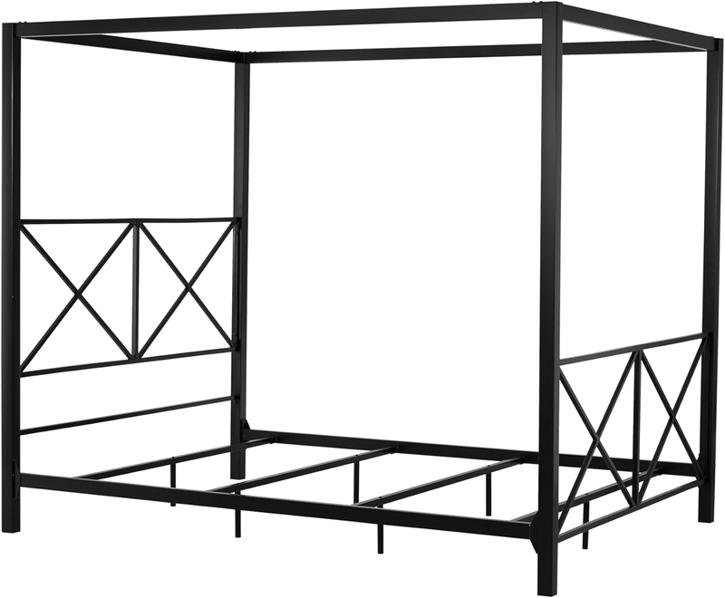 Bed Frame With Four Poster Design And Geometric Accented H