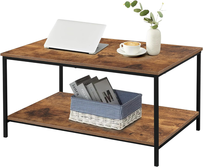Small Brown Rectangle Wood and Metal Coffee Table with Stora