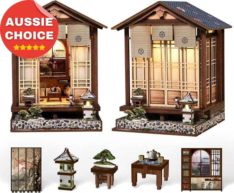 DIY Book Nook Kit LED Light Japanese Moss Lantern Miniature House 3D Decor