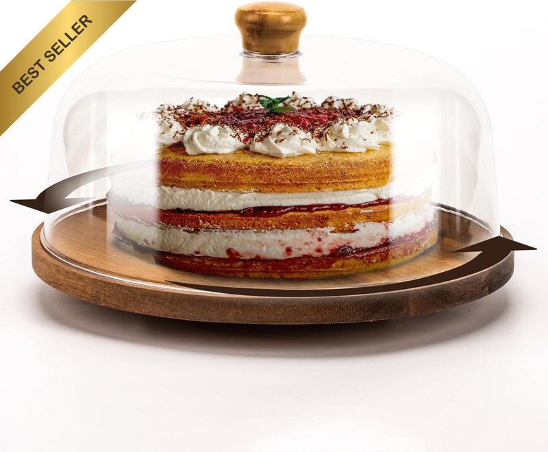 Wood Cake Stand with Acrylic Dome Lid 360° Rotatable 11 Inch Acacia Wooden Cake