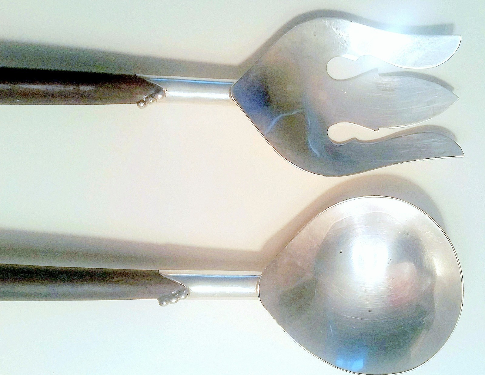 LARGE MID CENTURY MEXICAN STERLING SILVER .925 SERVING FORK SPOON TEAK HANDLE