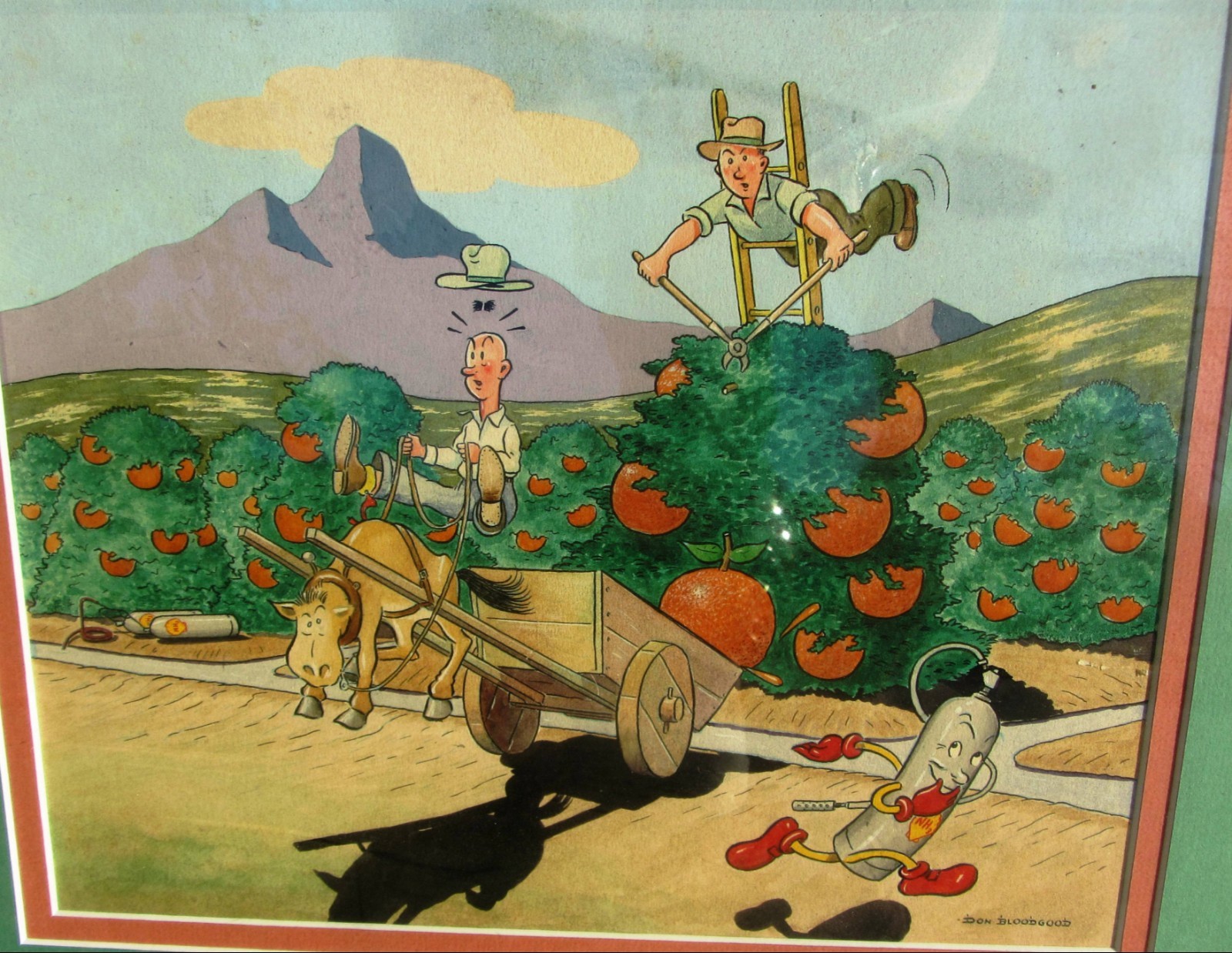 VINTAGE SHELL OIL CHEMICAL ADVERTISING CARTOON WATERCOLOR PAINTING DON BLOODGOOD