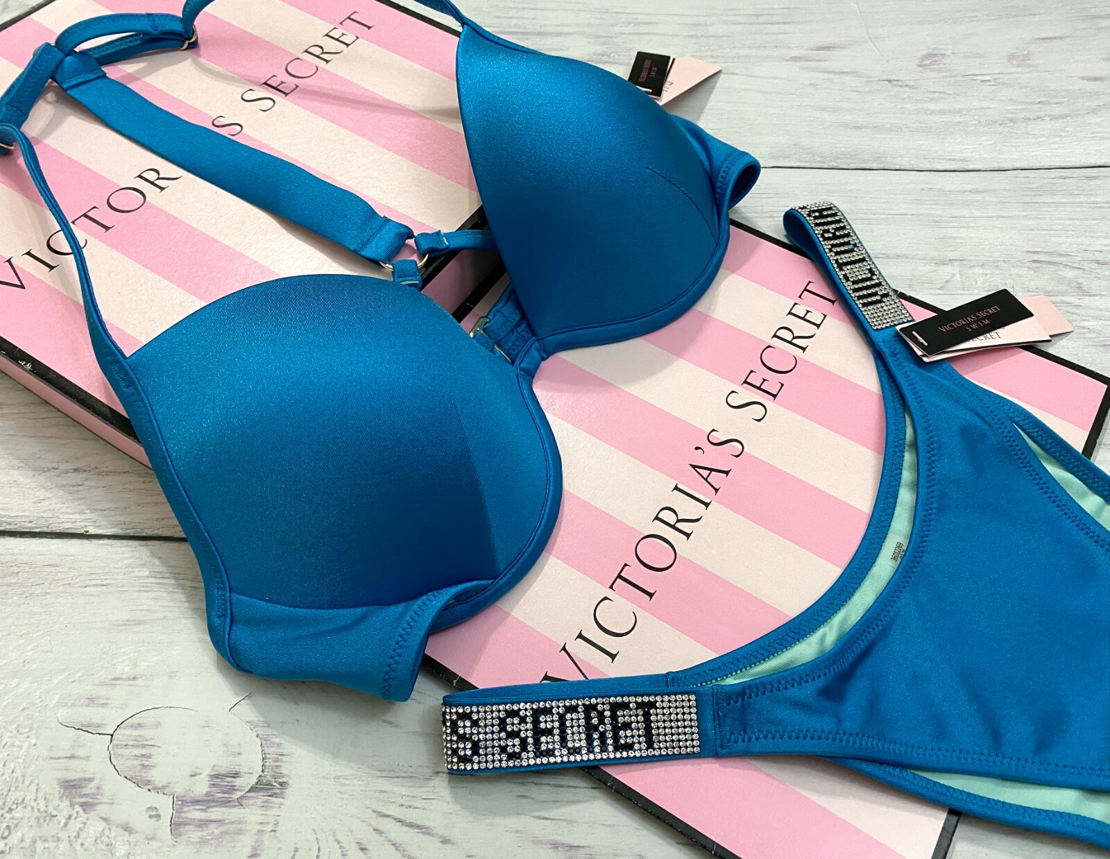 

Victoria Secret Shine Strap Fabulous Push Up Top Бразильский комплект для плавания, синий, Cosmo blue