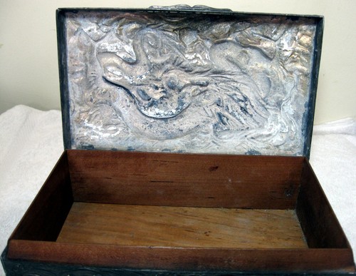 Large Heavy Signed Antique Japanese Metal Box Depicting A Dragon In High Relief
